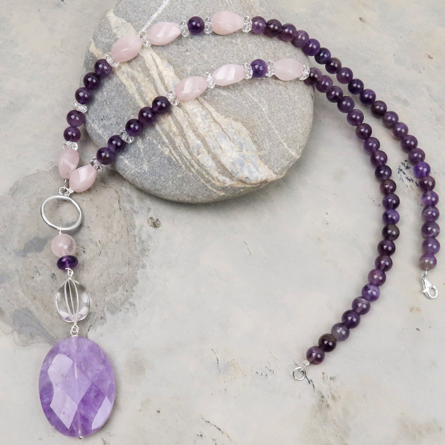 Long gemstone necklace amethyst rock crystal rose quartz striking harmonious elegant accents modern design