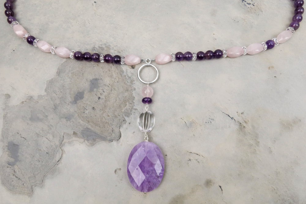 Long gemstone necklace amethyst rock crystal rose quartz striking harmonious elegant accents modern design