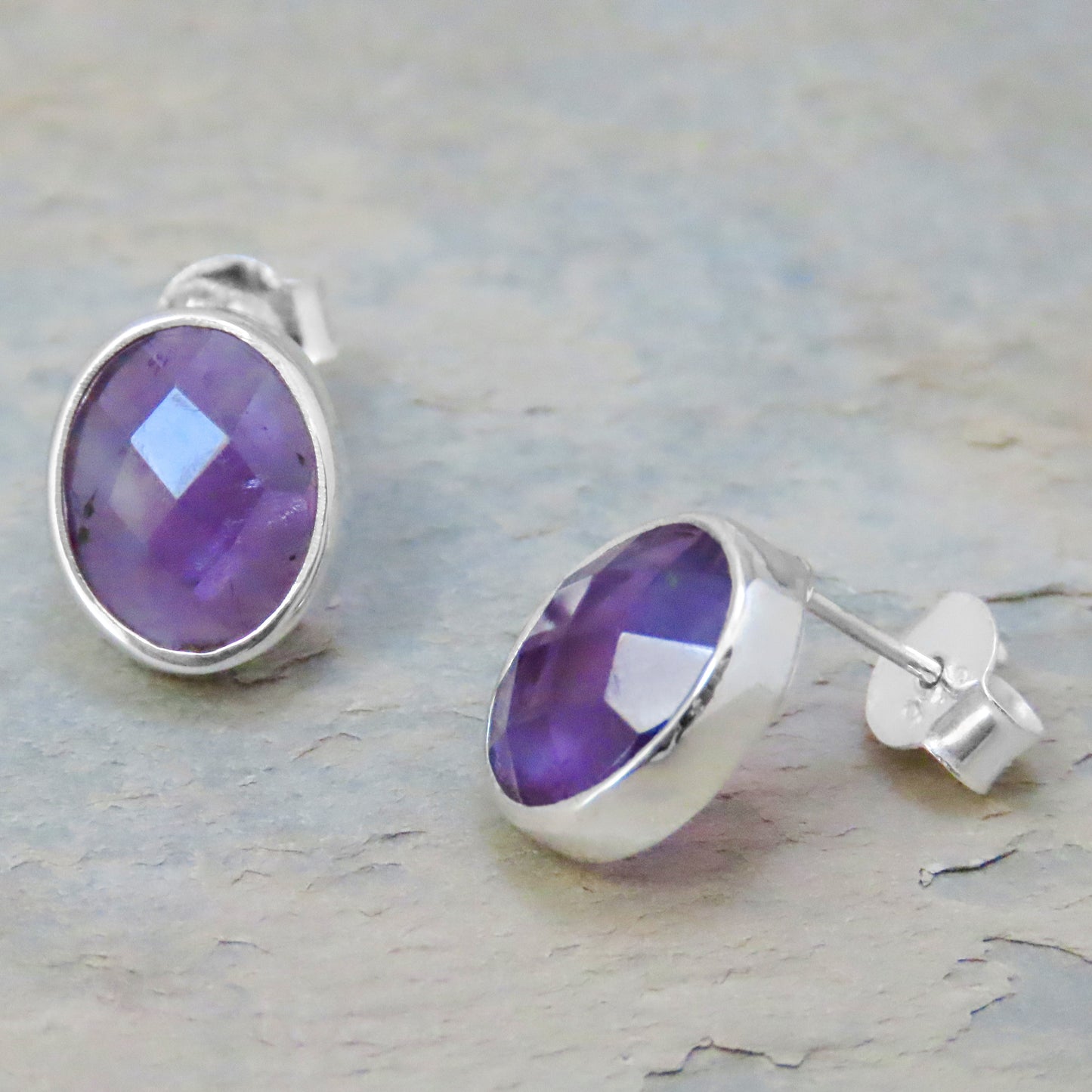 Amethyst stud earrings oval faceted 925 silver