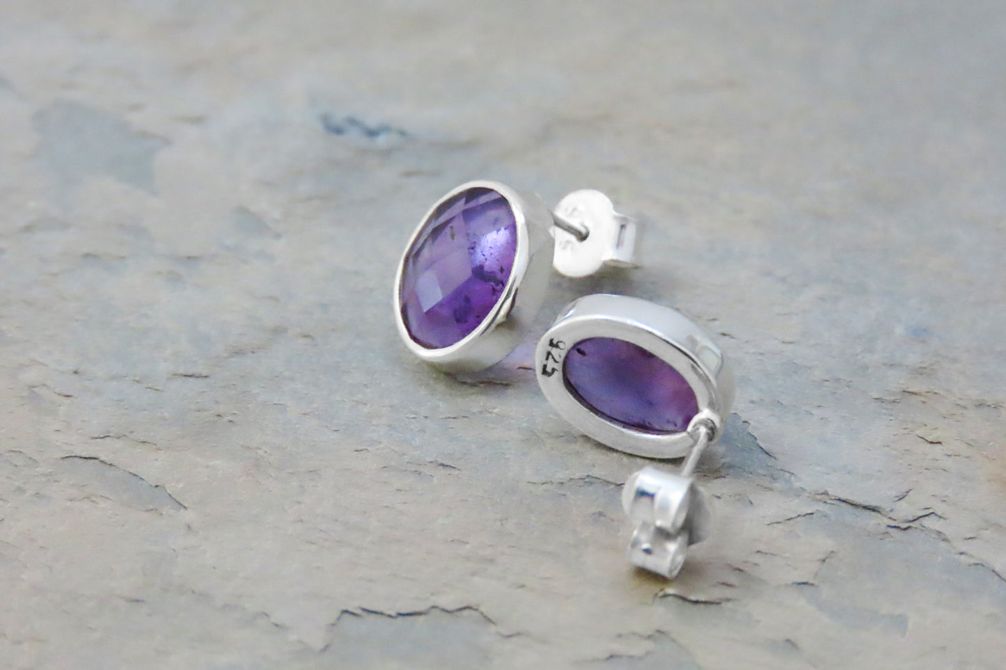 Amethyst stud earrings oval faceted 925 silver