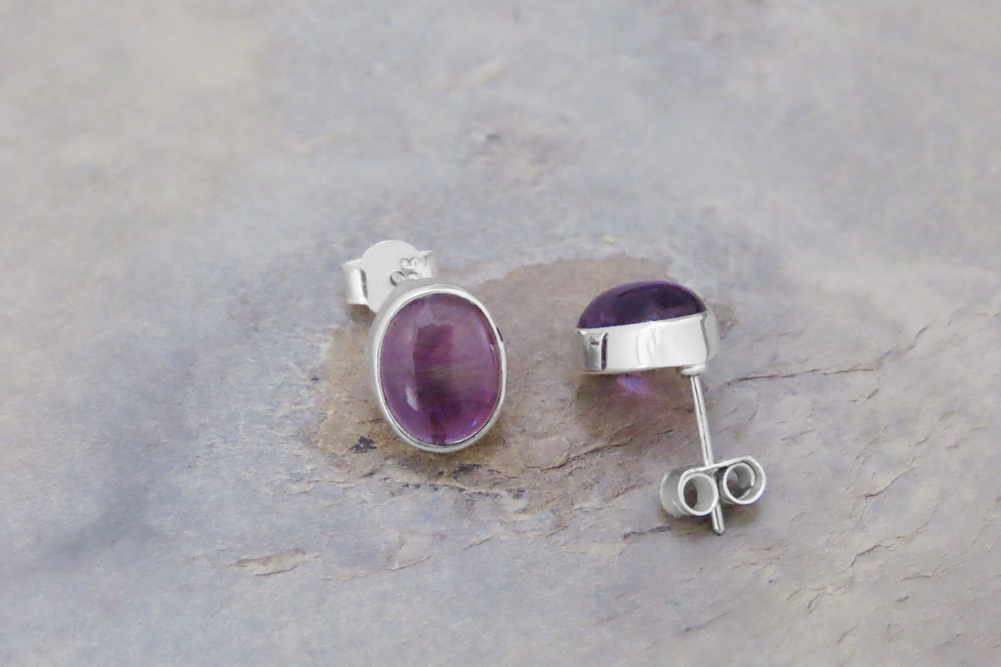 Amethyst stud earrings oval 925 silver