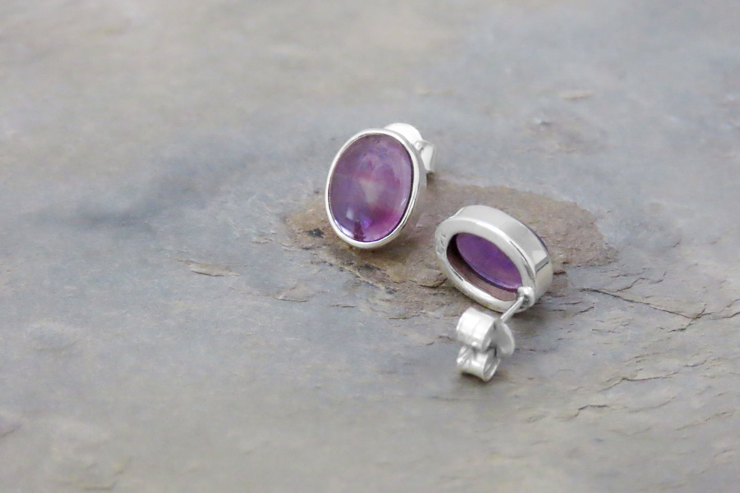 Amethyst stud earrings oval 925 silver