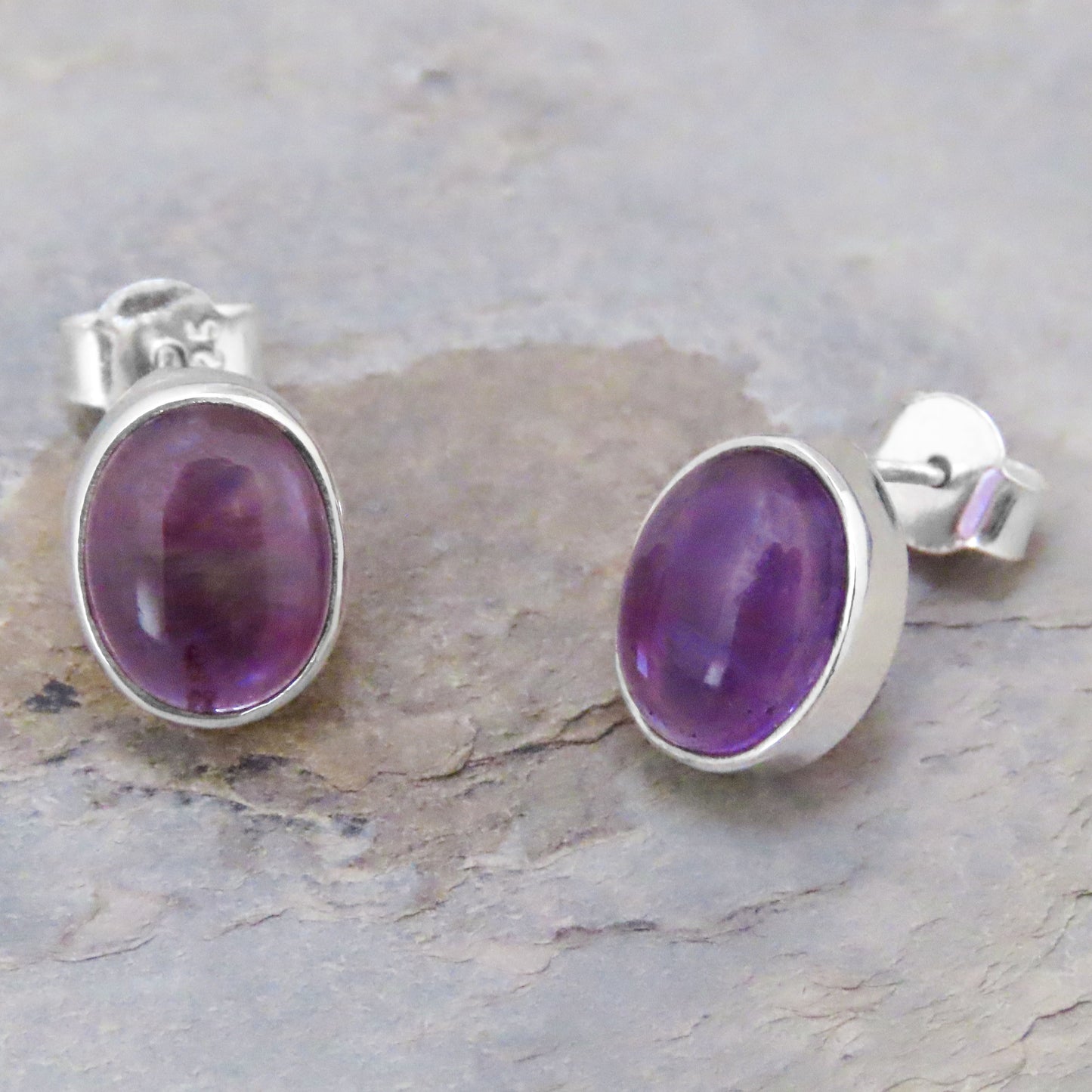 Amethyst stud earrings oval 925 silver