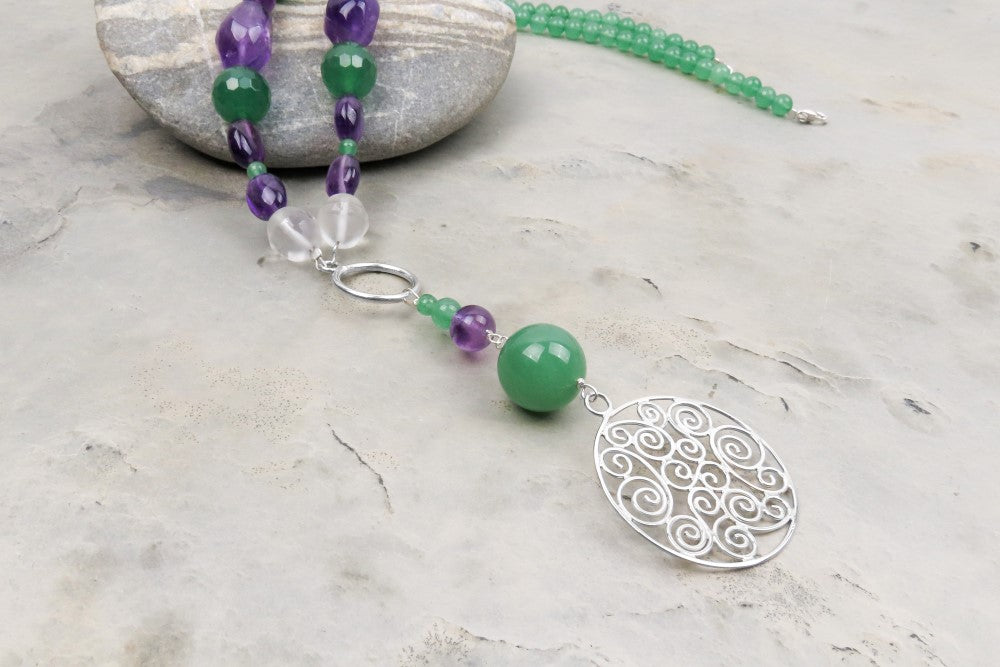 Collier Aventurine Améthyste pendentif en argent ornemental design individuel expressif