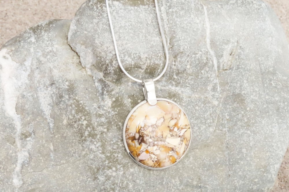 Necklace pendant breccia mookaite yellow round 925 silver modern eye-catcher for every day