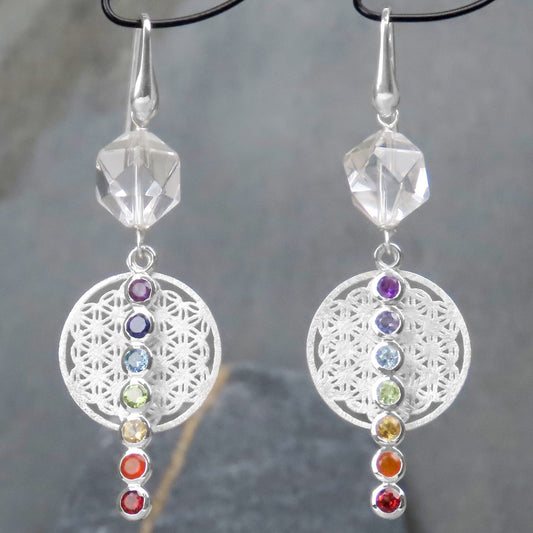Large earrings flower of life chakra rock crystal icosahedron semi-precious stones symbolic jewelry powerful extraordinary design