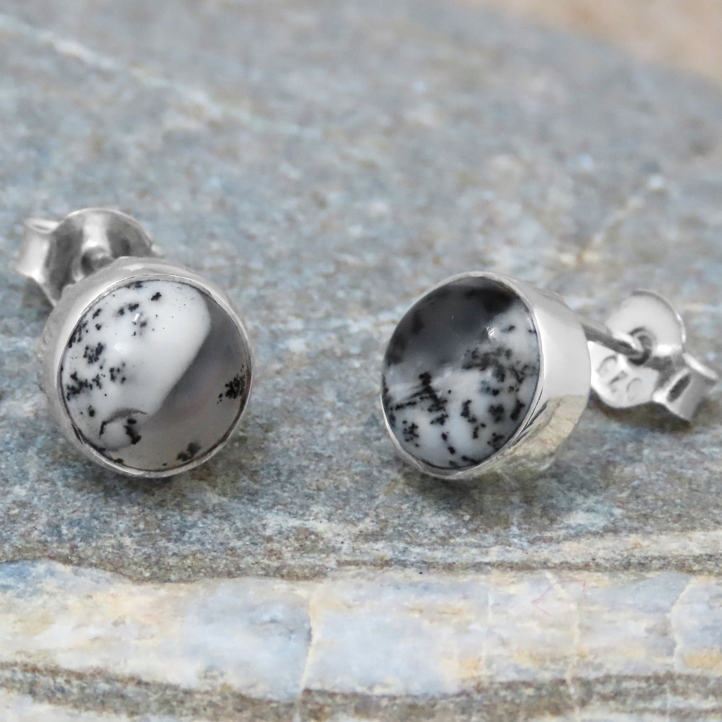 Boucles d'oreilles agate dendrite ronde argent 925