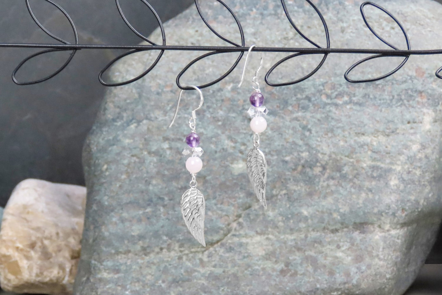 Earrings angel wings rose quartz amethyst rock crystal 925 silver symbolic jewelry guardian angel love gift