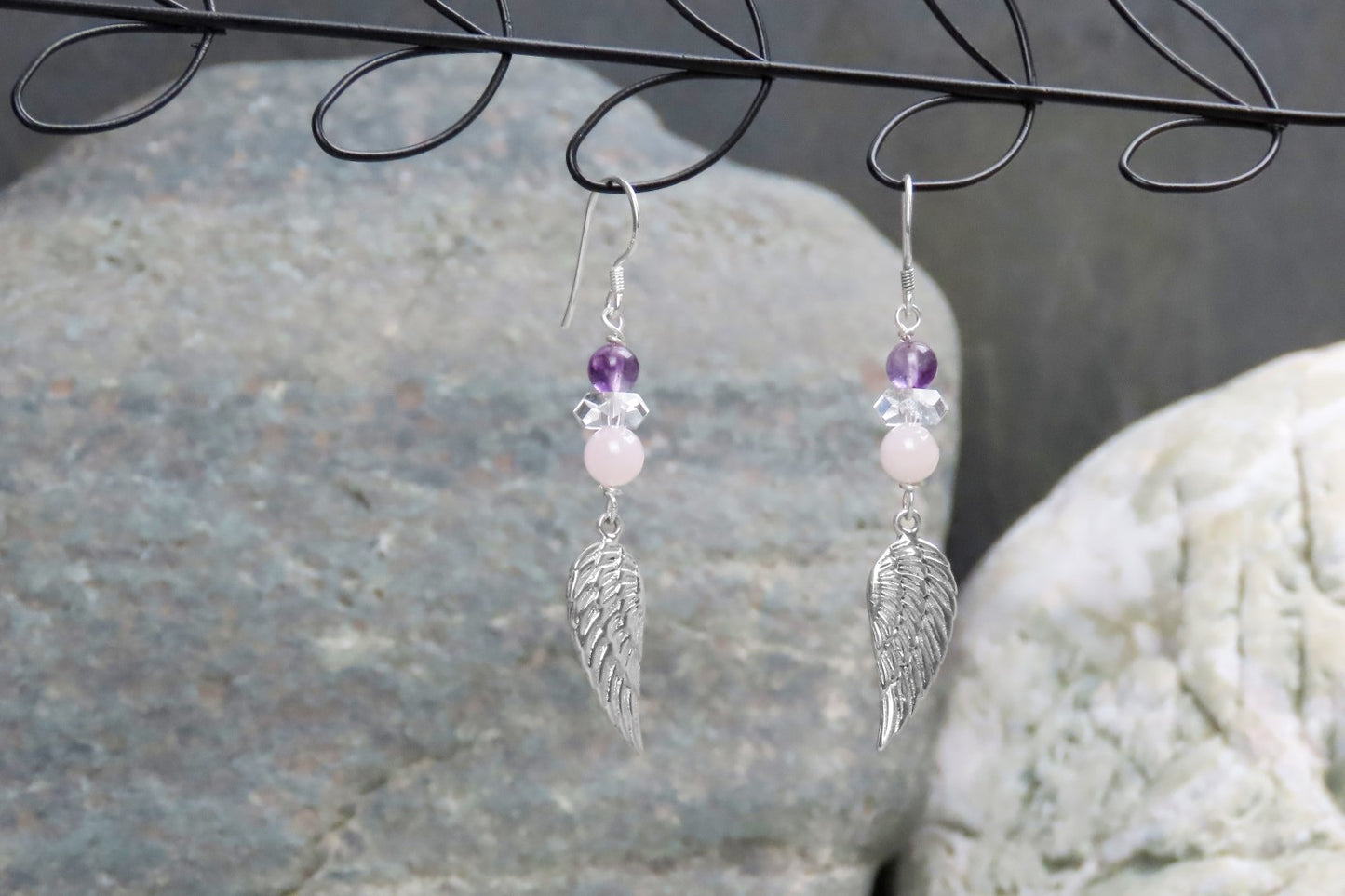 Earrings angel wings rose quartz amethyst rock crystal 925 silver symbolic jewelry guardian angel love gift