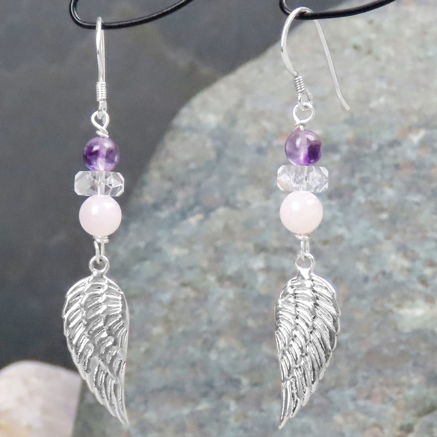 Earrings angel wings rose quartz amethyst rock crystal 925 silver symbolic jewelry guardian angel love gift