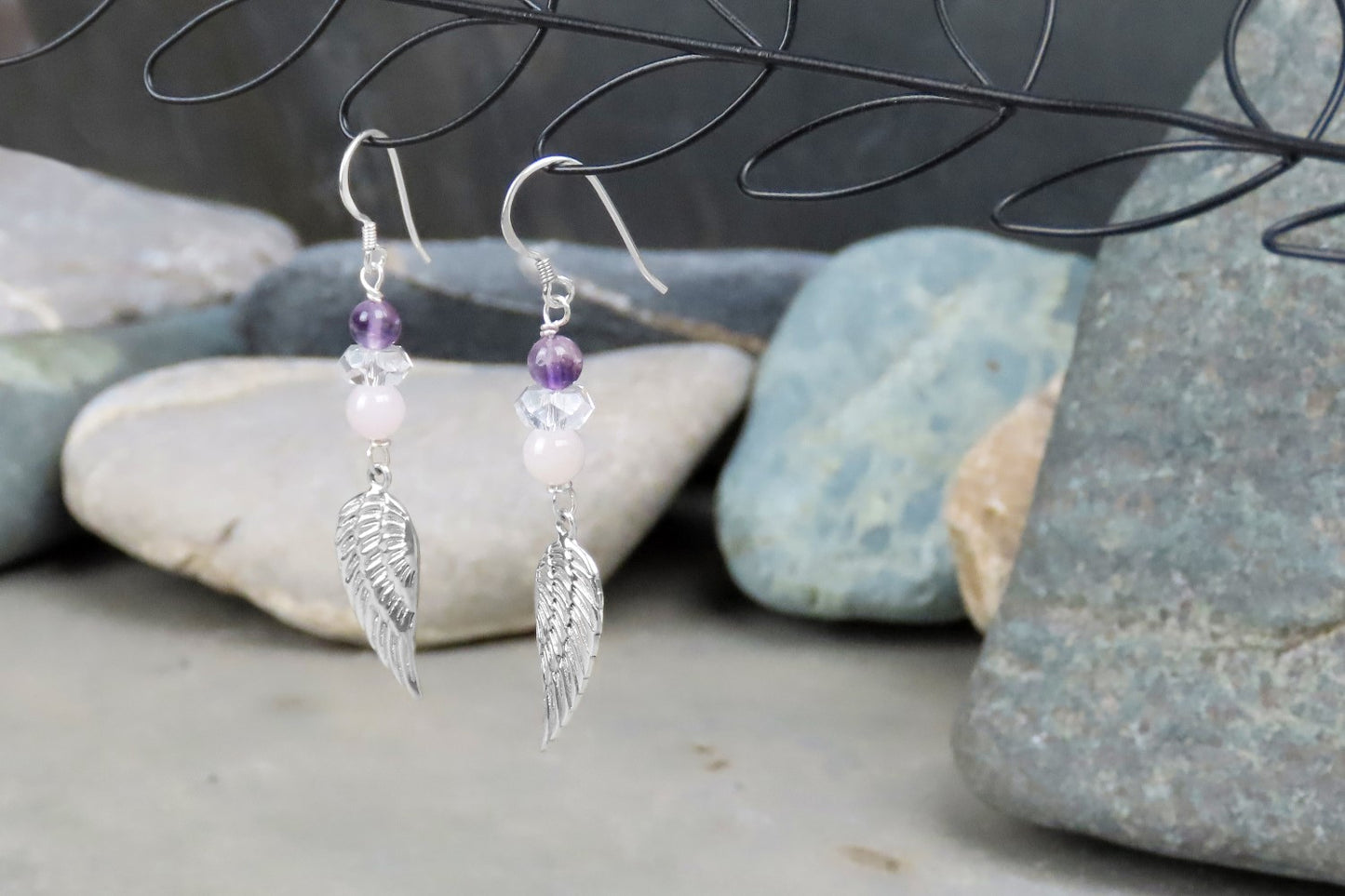 Earrings angel wings rose quartz amethyst rock crystal 925 silver symbolic jewelry guardian angel love gift