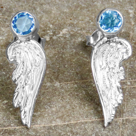 Stud earrings angel wings blue topaz 925 silver individual symbol jewelry guardian angel