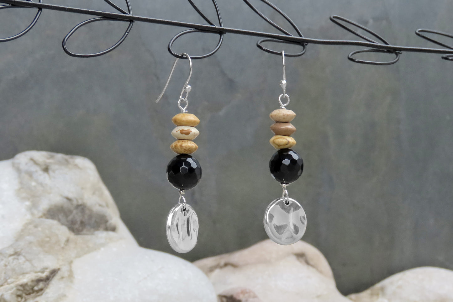 Large earrings Onyx Landscape Jasper 925 Silver modern natural colored striking outfits refine natural jewelry