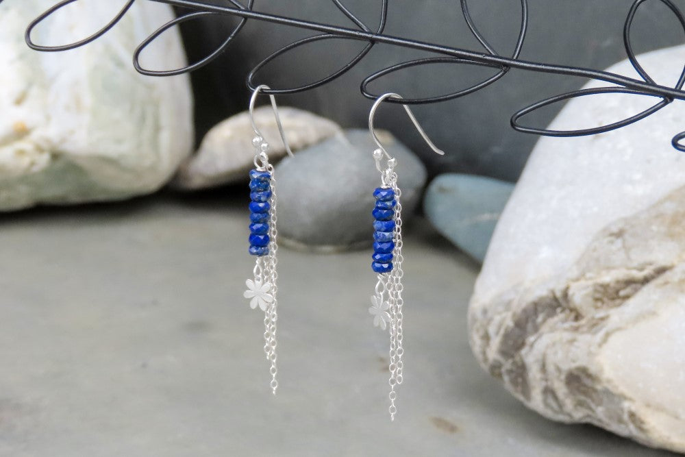 Earrings flower lapis lazuli 925 silver flower design filigree dainty earrings in boho style