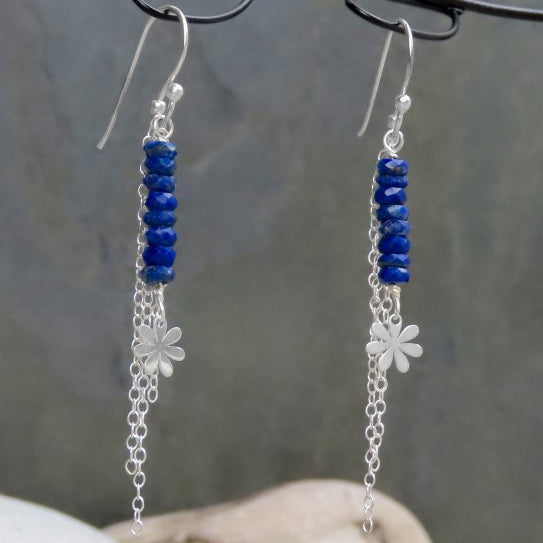 Earrings flower lapis lazuli 925 silver flower design filigree dainty earrings in boho style