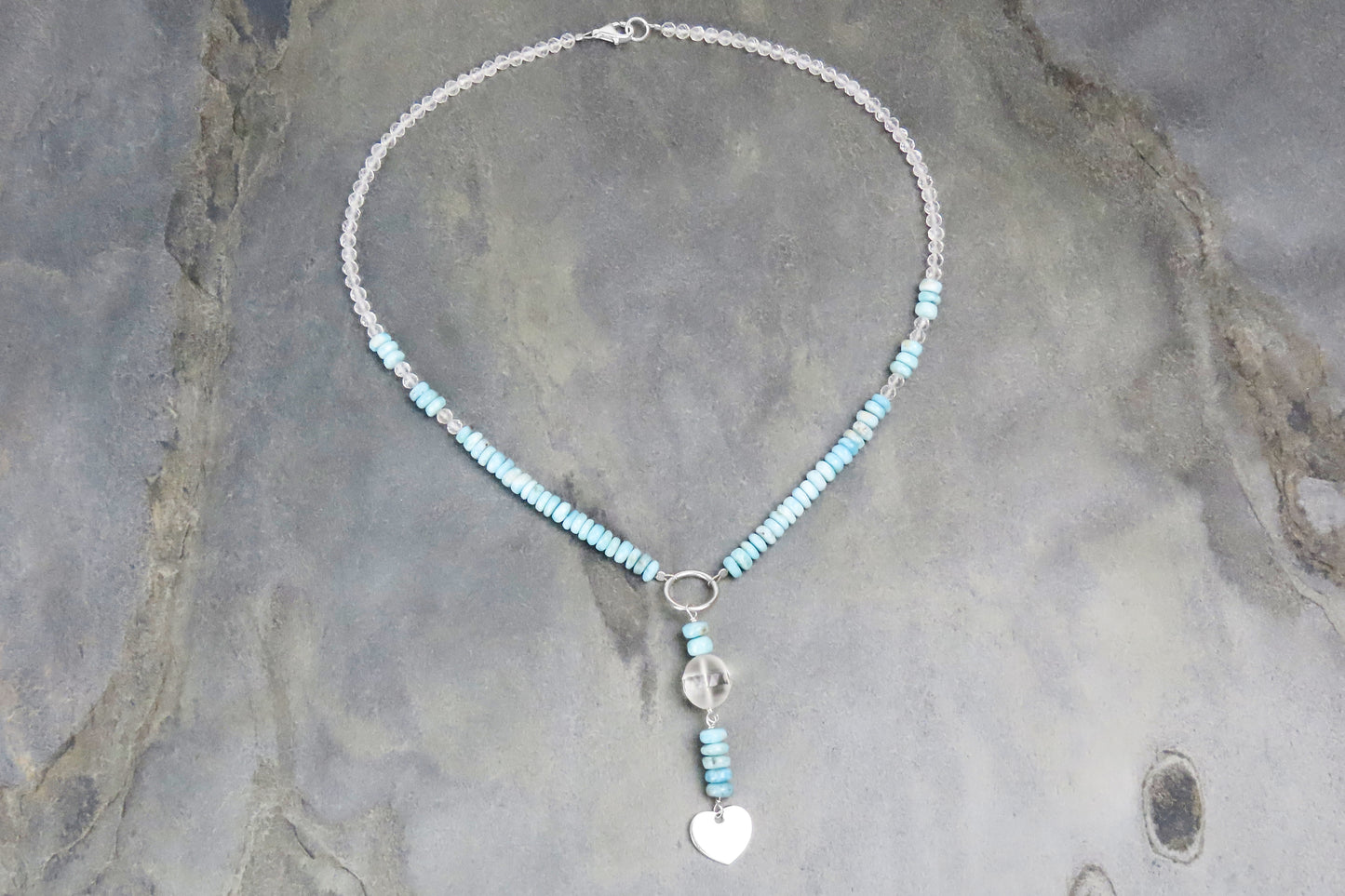 Gemstone necklace heart Larimar rock crystal silver pendant personal symbolic jewelry love message love gift