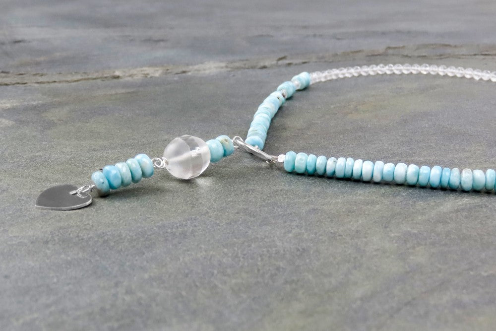 Gemstone necklace heart Larimar rock crystal silver pendant personal symbolic jewelry love message love gift