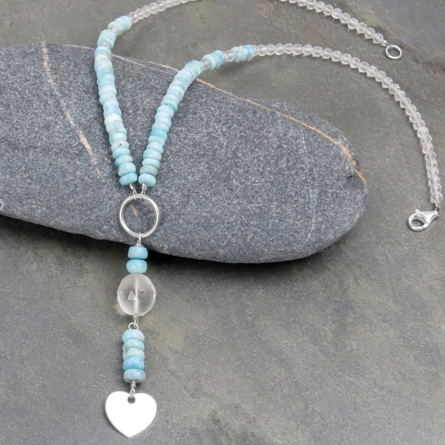 Gemstone necklace heart Larimar rock crystal silver pendant personal symbolic jewelry love message love gift