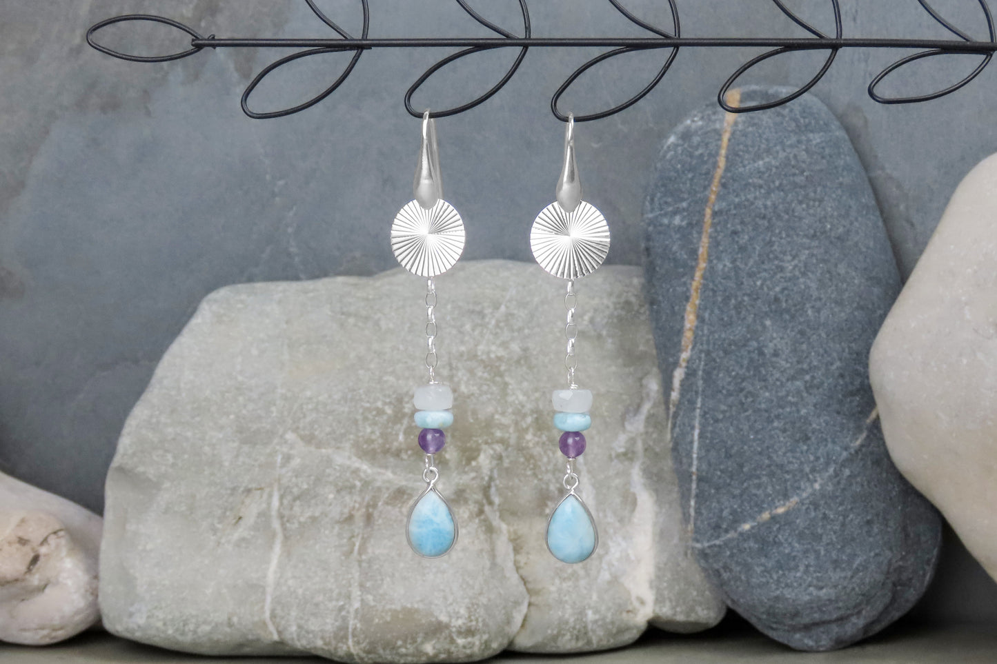 Long earrings Larimar rainbow moonstone amethyst 925 silver stylish extravagant design expressively refine outfits