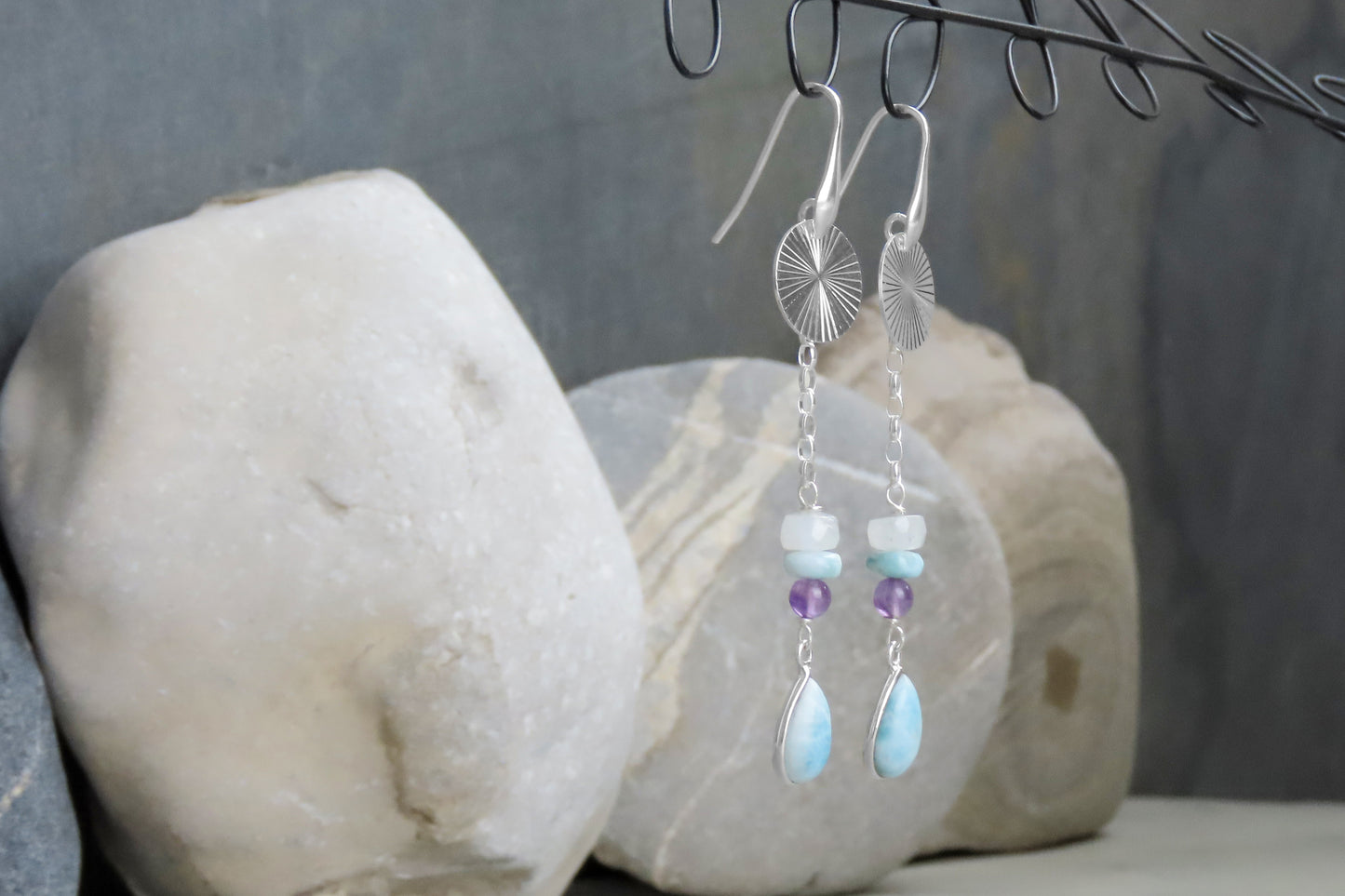 Long earrings Larimar rainbow moonstone amethyst 925 silver stylish extravagant design expressively refine outfits