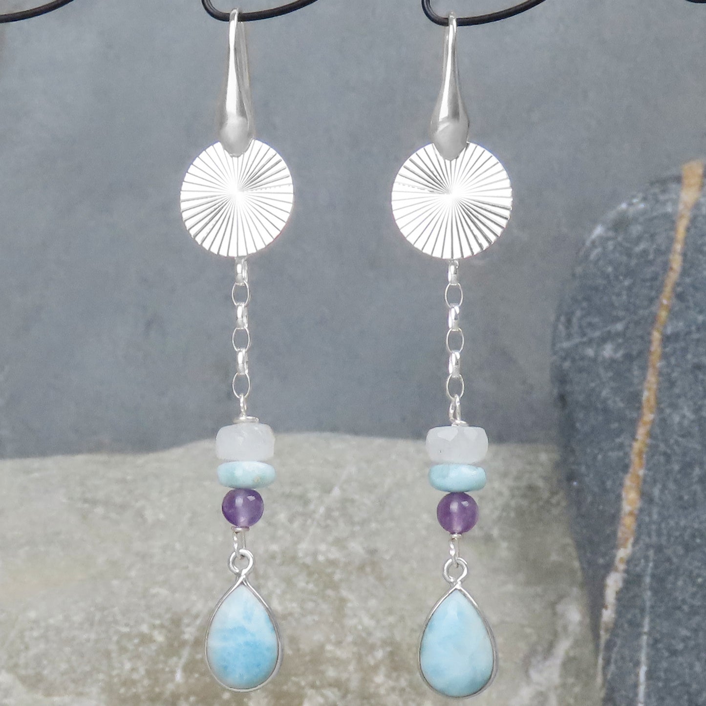 Long earrings Larimar rainbow moonstone amethyst 925 silver stylish extravagant design expressively refine outfits