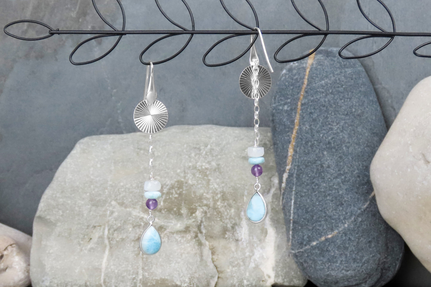 Long earrings Larimar rainbow moonstone amethyst 925 silver stylish extravagant design expressively refine outfits