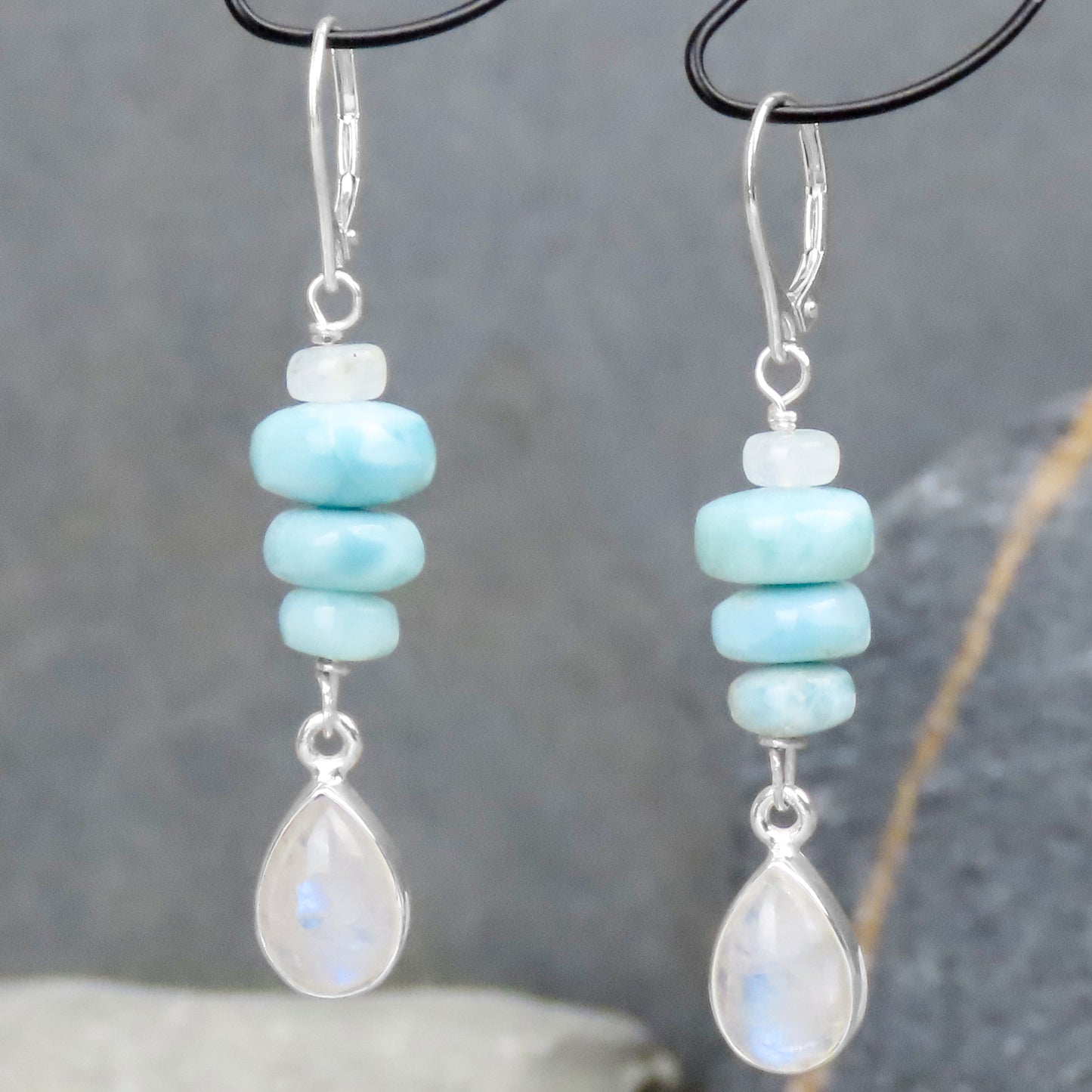 Gemstone earrings Larimar rainbow moonstone 925 silver individualistic harmonious design balanced proportions