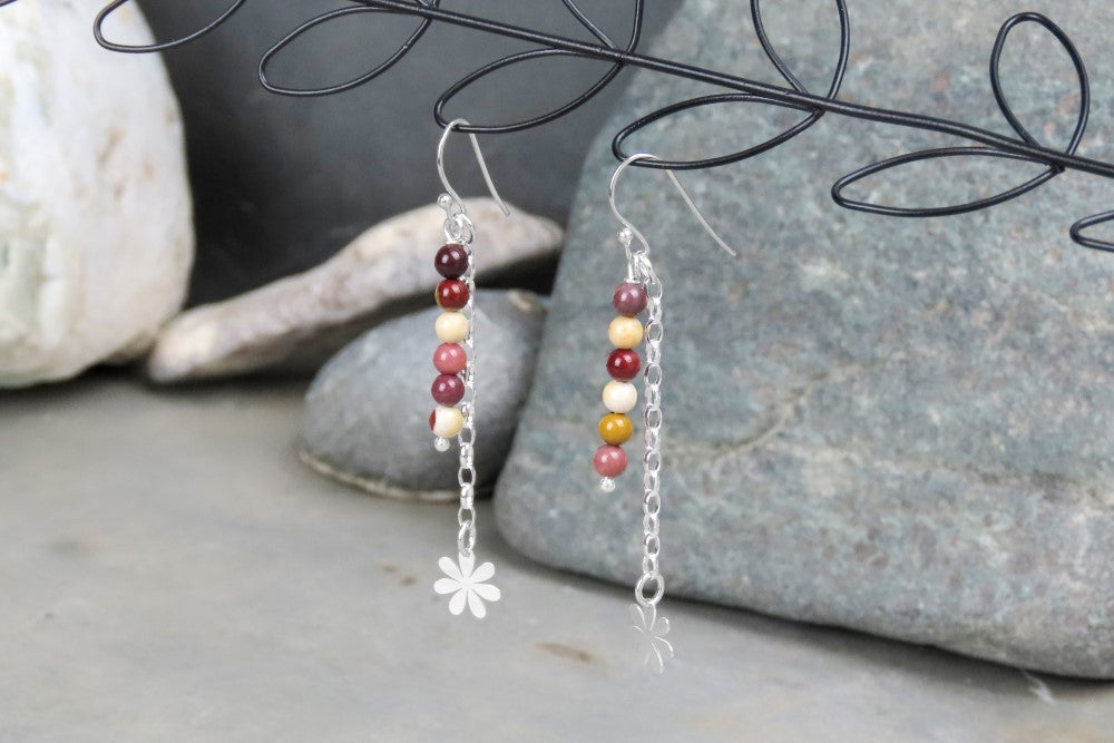 Boucles d'oreilles longues florales Mookaite 925 argent coloré boucles d'oreilles délicates en design floral amoureux des fleurs bijoux d'été