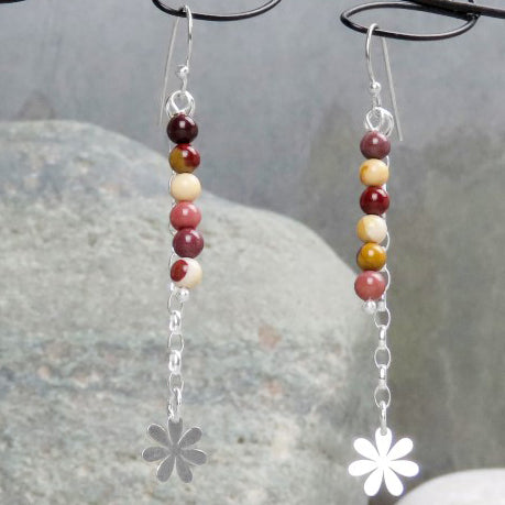 Boucles d'oreilles longues florales Mookaite 925 argent coloré boucles d'oreilles délicates en design floral amoureux des fleurs bijoux d'été