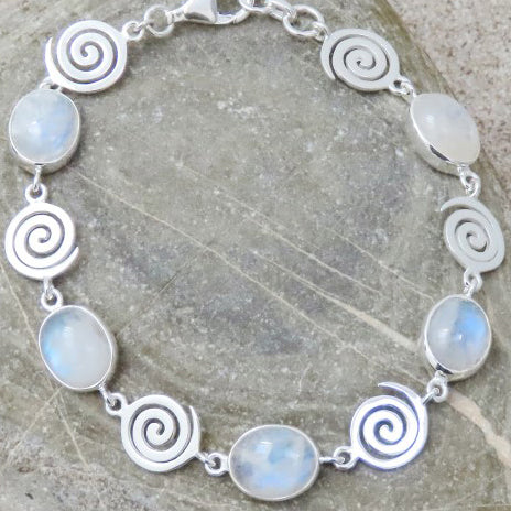 Bracelet pierre de lune arc-en-ciel spirale argent 925 pierre semi-précieuse pierre naturelle irisée bijoux symboliques inspirations naturelles