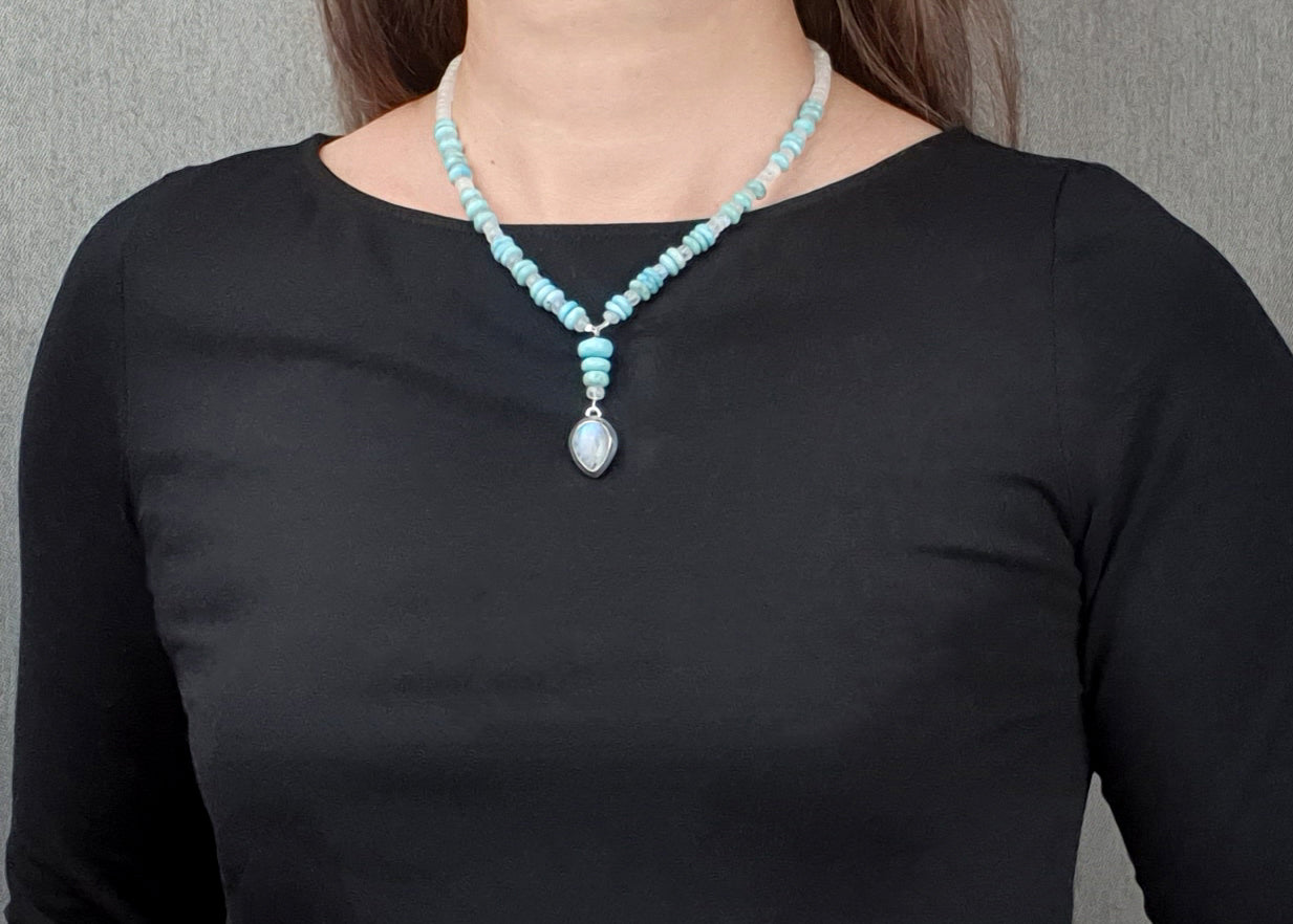 Gemstone necklace rainbow moonstone larimar pendant elegant modern individuality