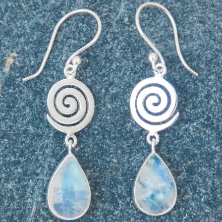 Earrings spiral rainbow moonstone gemstone iridescent symbolic jewelry infinity subtle jewelry for every day