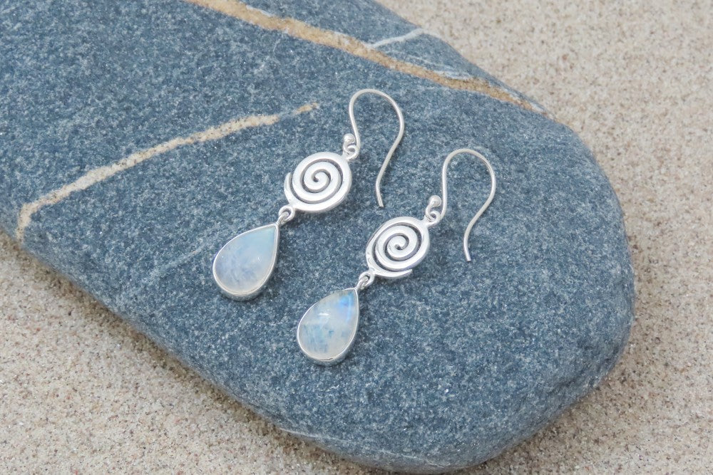 Earrings spiral rainbow moonstone gemstone iridescent symbolic jewelry infinity subtle jewelry for every day