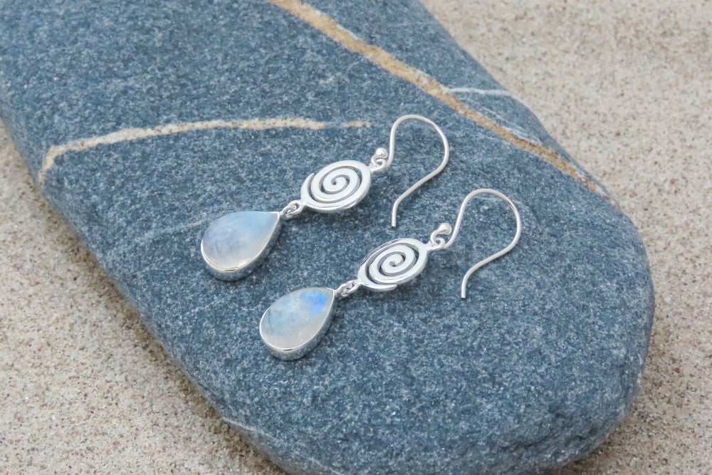 Earrings spiral rainbow moonstone gemstone iridescent symbolic jewelry infinity subtle jewelry for every day