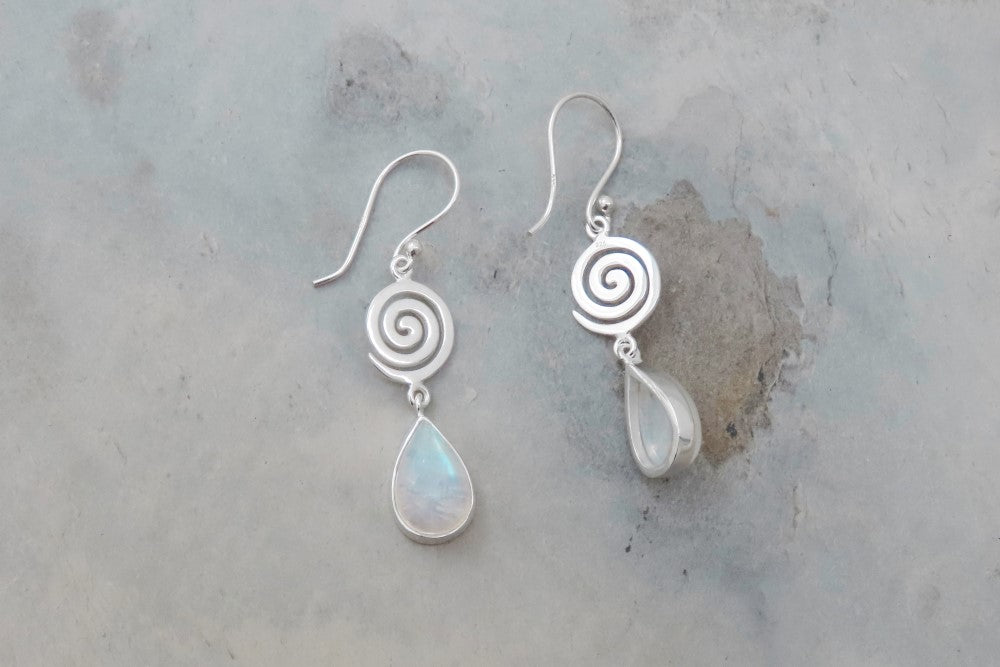 Earrings spiral rainbow moonstone gemstone iridescent symbolic jewelry infinity subtle jewelry for every day