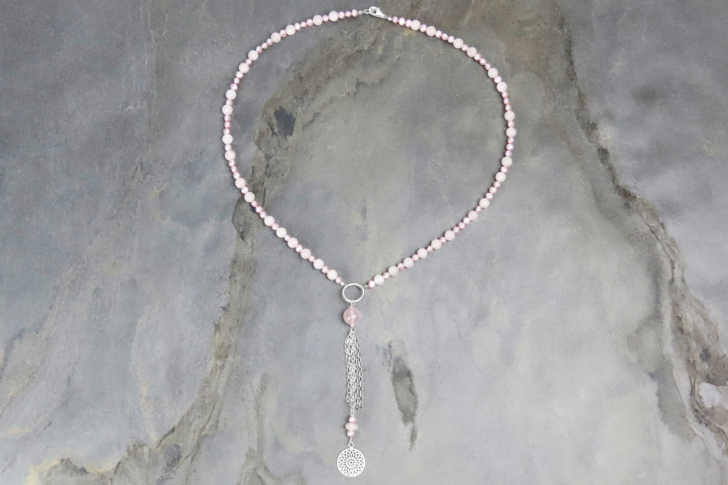 Long necklace rose quartz freshwater pearl pink individualistic beauty modern boho chic