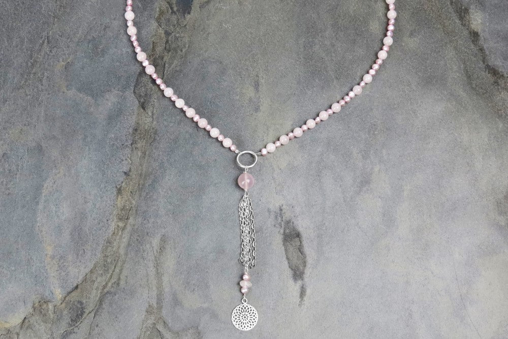 Long necklace rose quartz freshwater pearl pink individualistic beauty modern boho chic