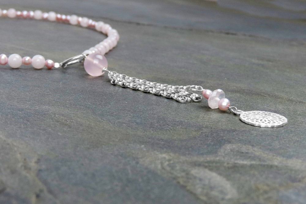 Long necklace rose quartz freshwater pearl pink individualistic beauty modern boho chic