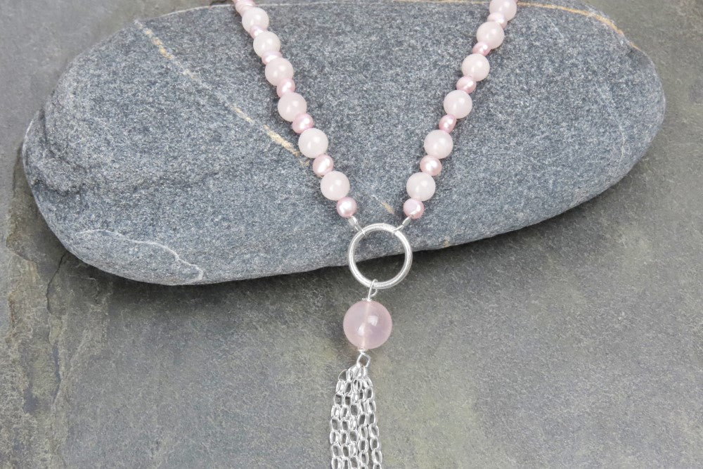 Long necklace rose quartz freshwater pearl pink individualistic beauty modern boho chic