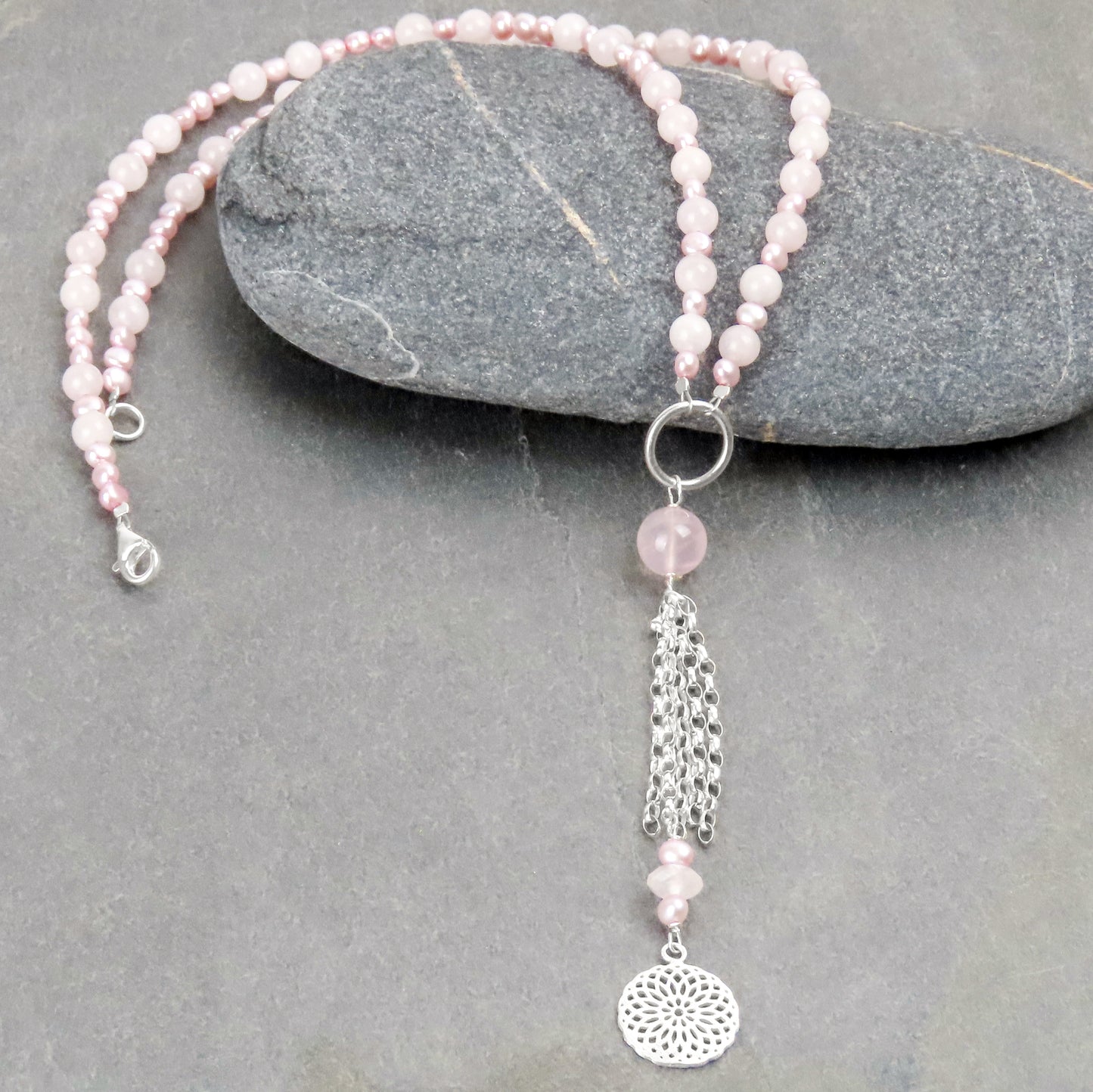 Long necklace rose quartz freshwater pearl pink individualistic beauty modern boho chic