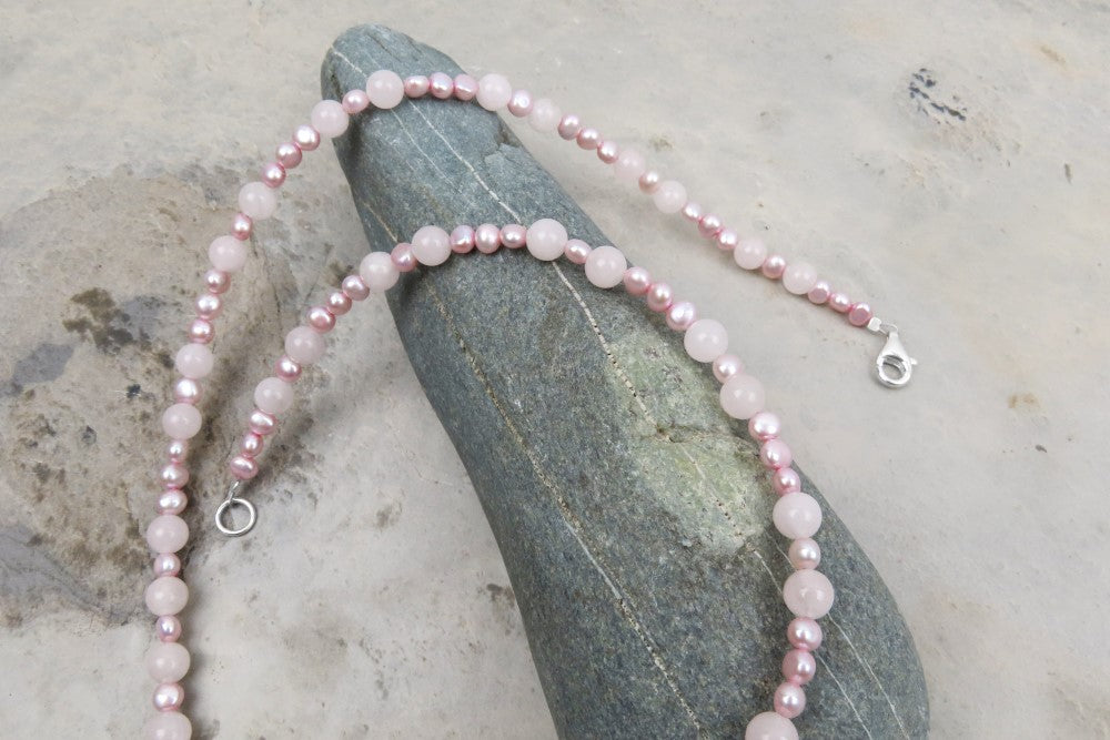 Long necklace rose quartz freshwater pearl pink individualistic beauty modern boho chic