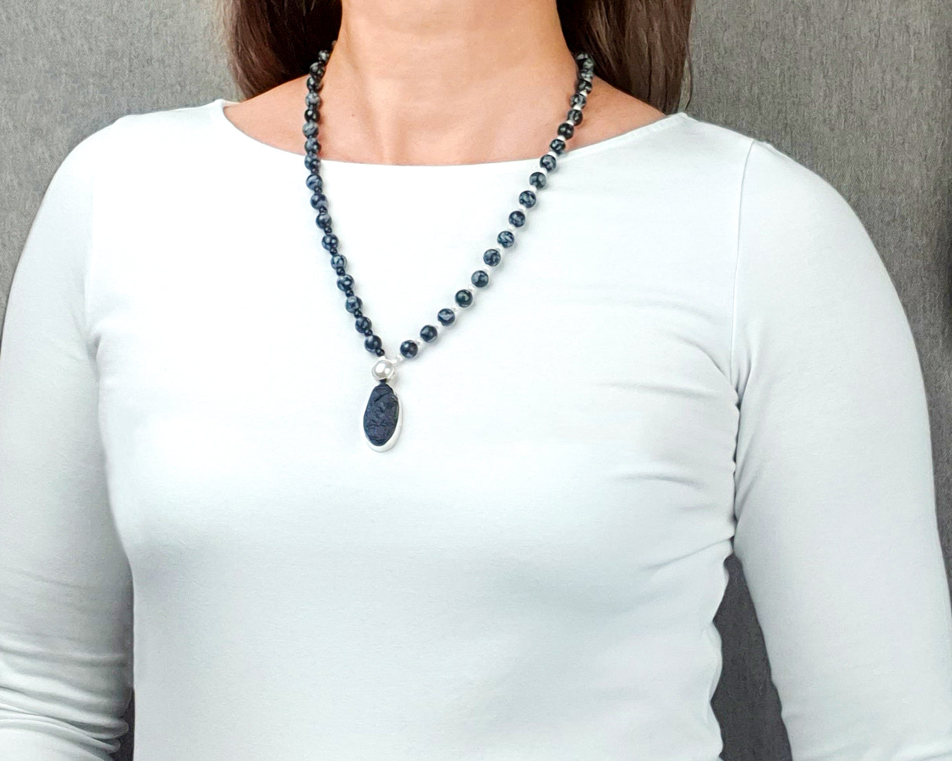 Collier flocon de neige obsidienne tektite chaîne pendentif argent 925 design classique accrocheur extraordinaire accroche-regard individualiste