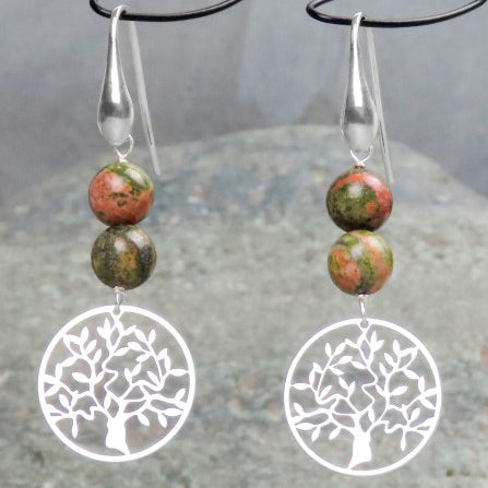 Grandes boucles d’oreilles arbre de vie unakite déclaration boucles d’oreilles bijoux symboliques arbre de puissance bijoux naturels amoureux de la nature