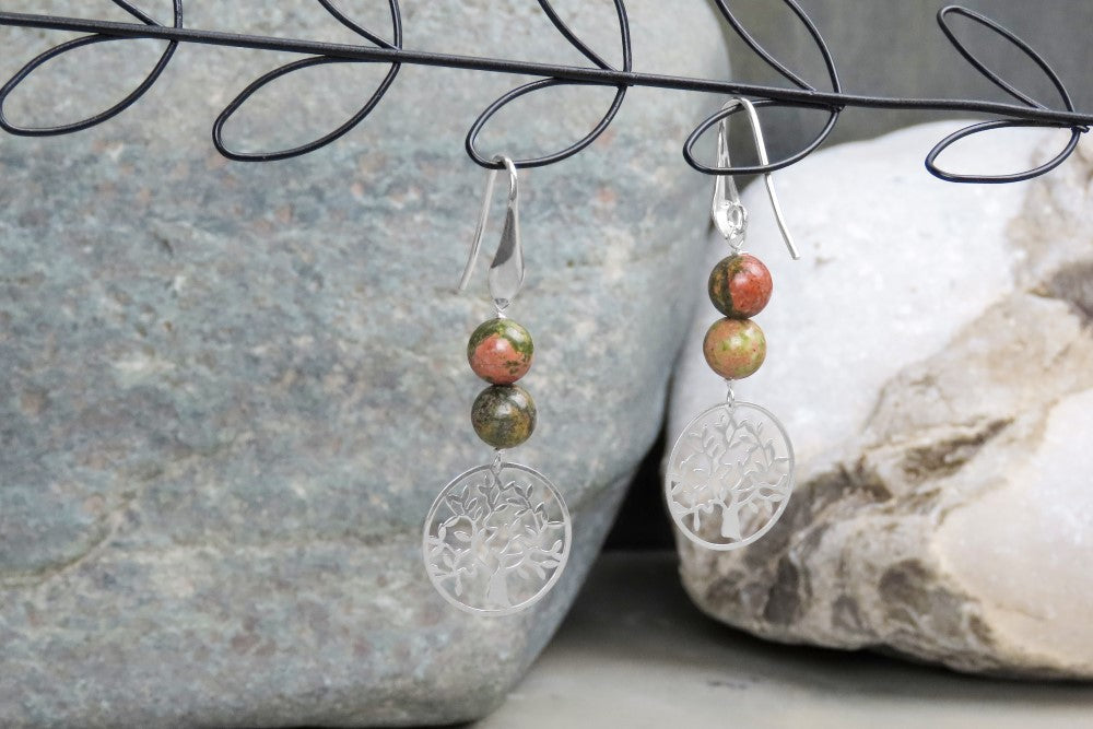 Grandes boucles d’oreilles arbre de vie unakite déclaration boucles d’oreilles bijoux symboliques arbre de puissance bijoux naturels amoureux de la nature