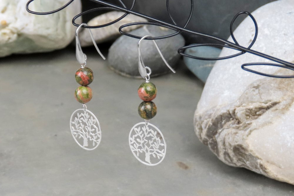 Grandes boucles d’oreilles arbre de vie unakite déclaration boucles d’oreilles bijoux symboliques arbre de puissance bijoux naturels amoureux de la nature