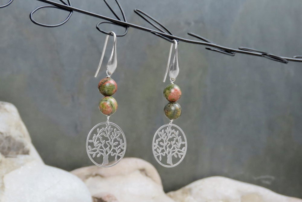 Grandes boucles d’oreilles arbre de vie unakite déclaration boucles d’oreilles bijoux symboliques arbre de puissance bijoux naturels amoureux de la nature