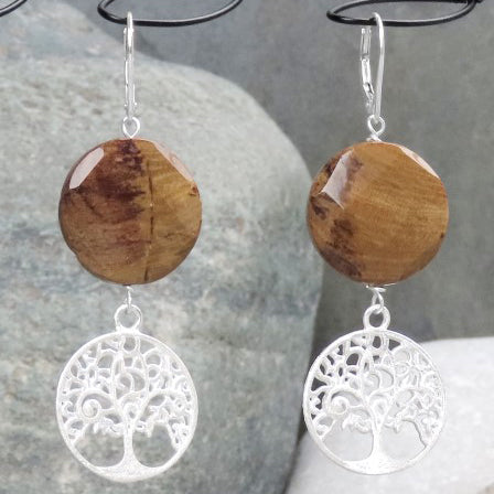 Boucles d’oreilles déclaration arbre de vie bois pétrifié bijoux symboliques arbre de puissance bijoux naturels amoureux de la nature