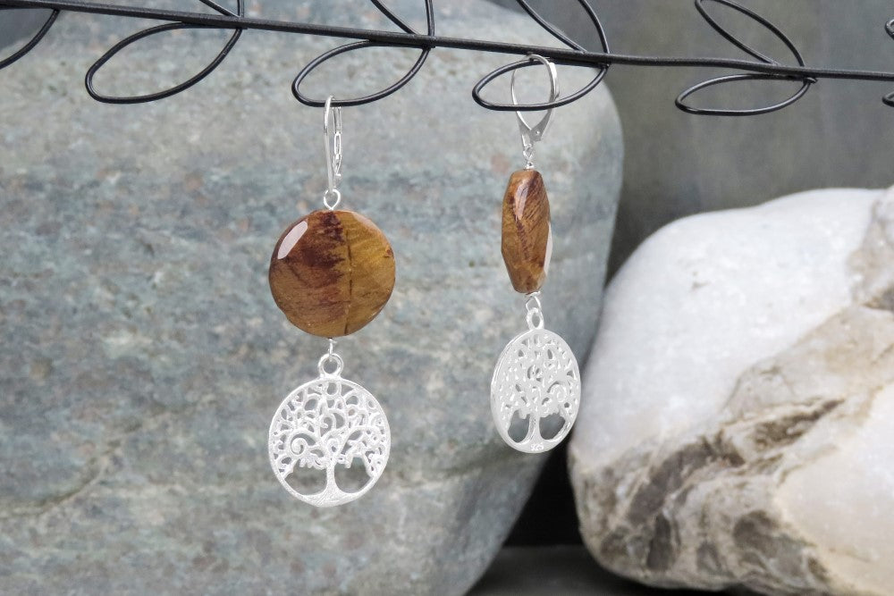 Boucles d’oreilles déclaration arbre de vie bois pétrifié bijoux symboliques arbre de puissance bijoux naturels amoureux de la nature