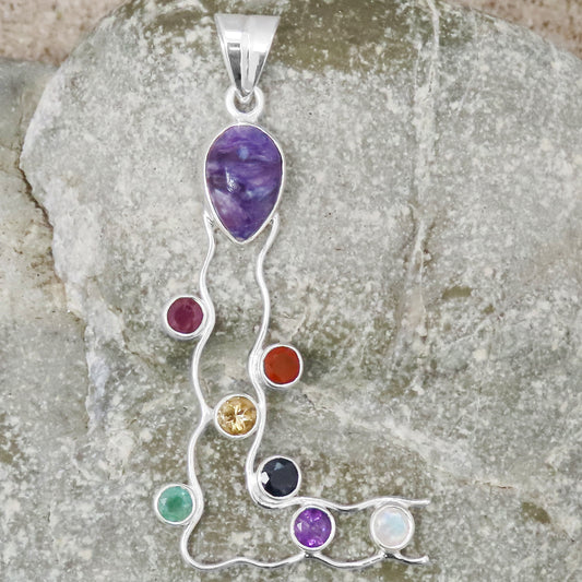 Necklace pendant gemstones semi-precious stones 925 silver filigree wave-shaped design colorful expressive individualistic