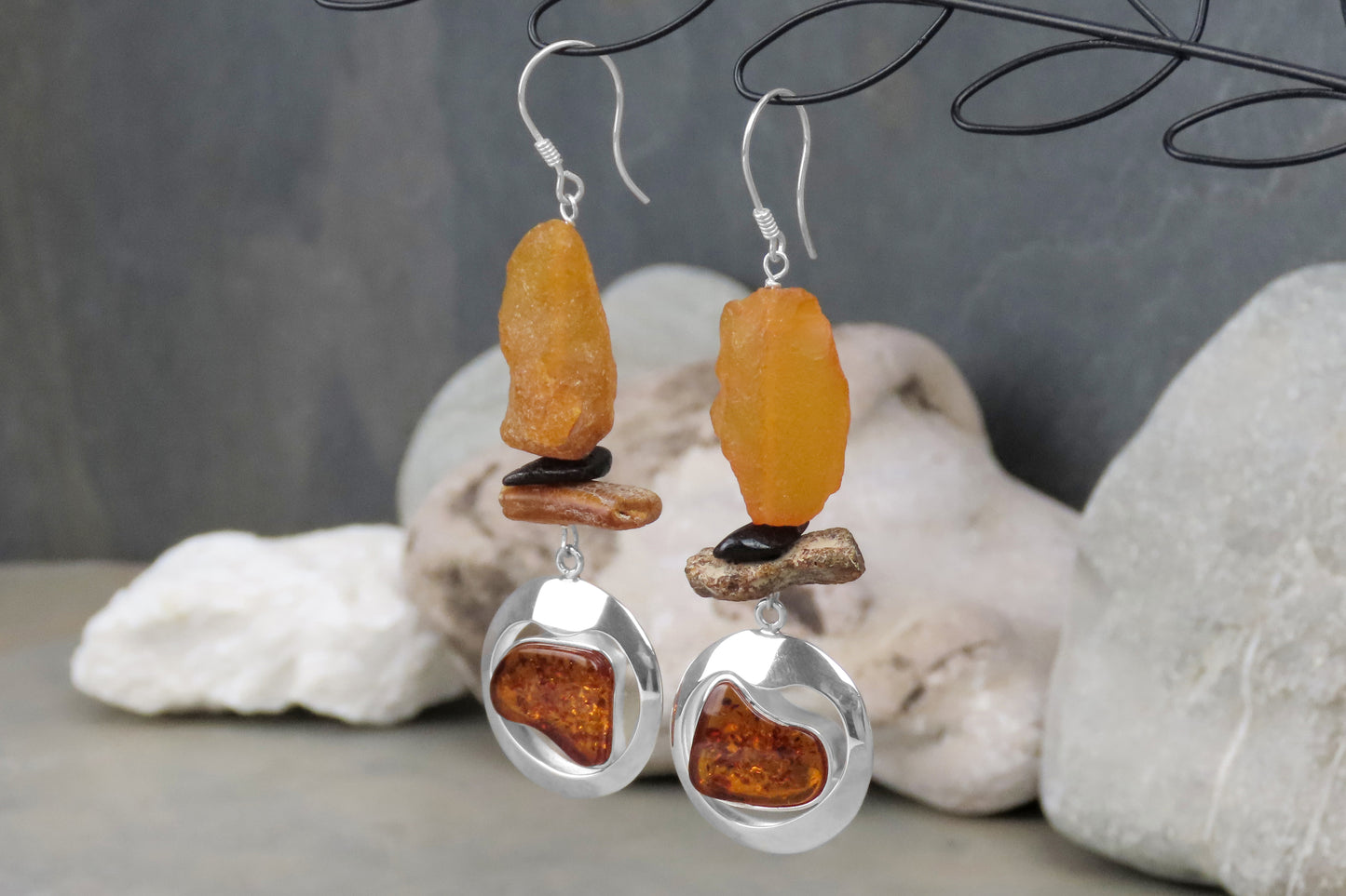 Statement earrings amber 925 silver striking eye-catcher in a natural look 